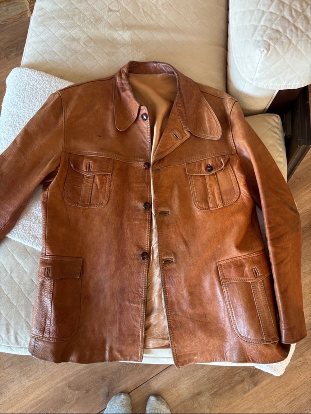 Vintage Leather Military Field Jacket in Warm Brown